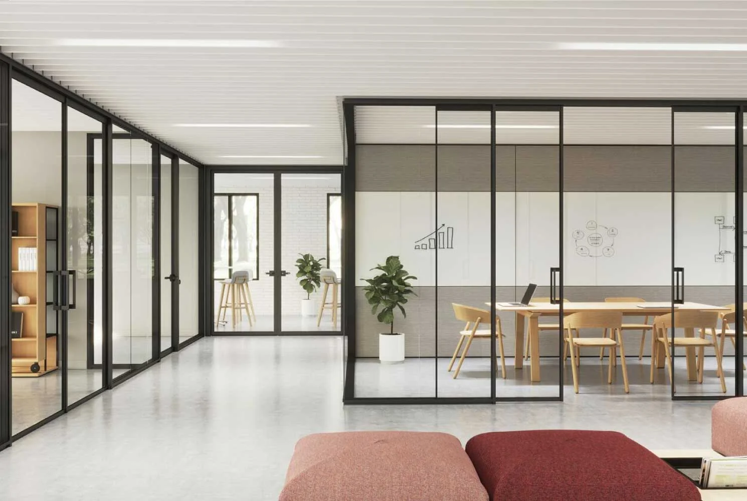 Multiple workspaces featuring Teknion Focus demountable walls.