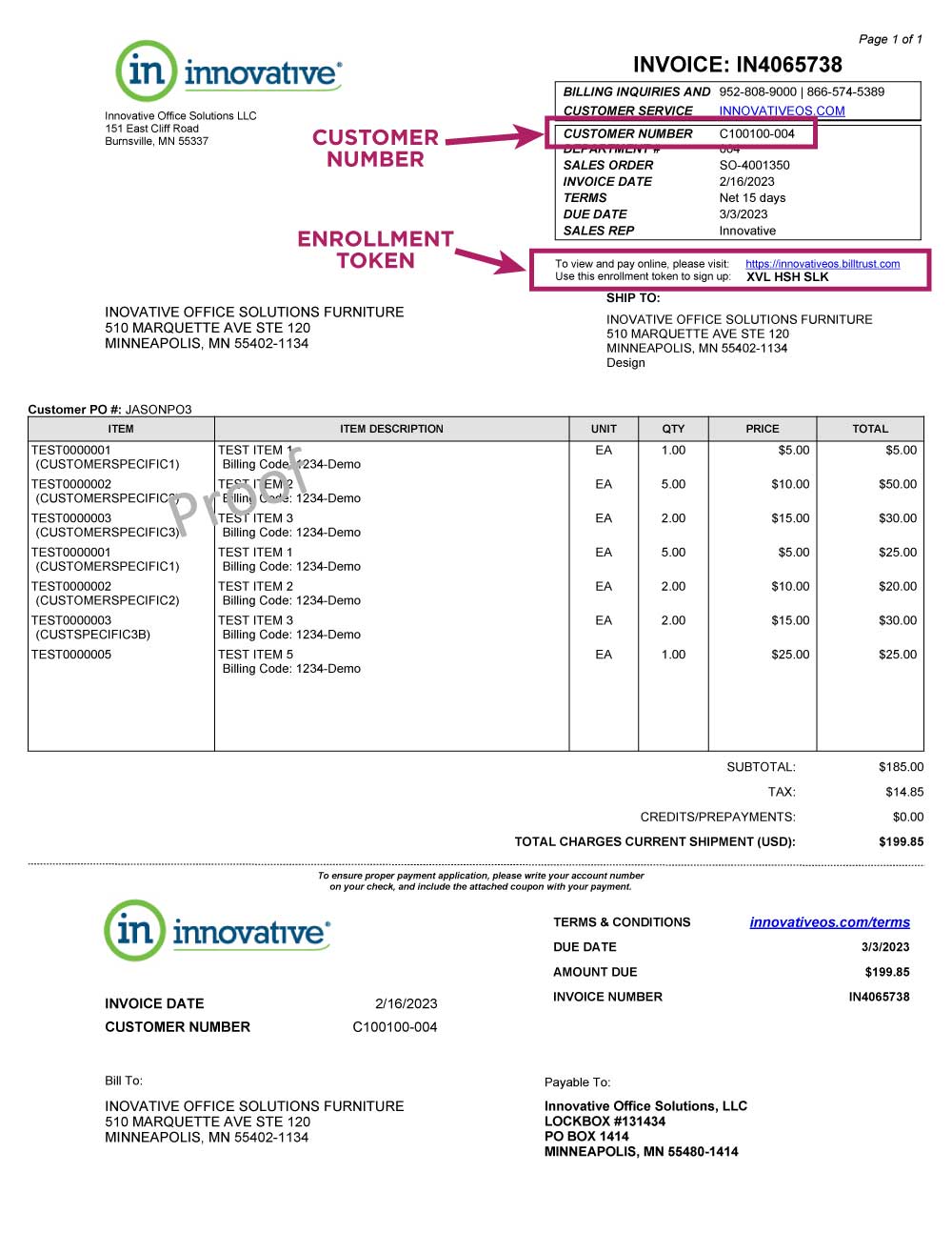 Innovative Sample Invoice with Customer Number and Enrollment Token