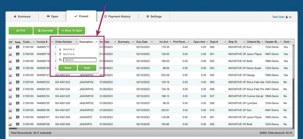 Billing Portal Sort & Search