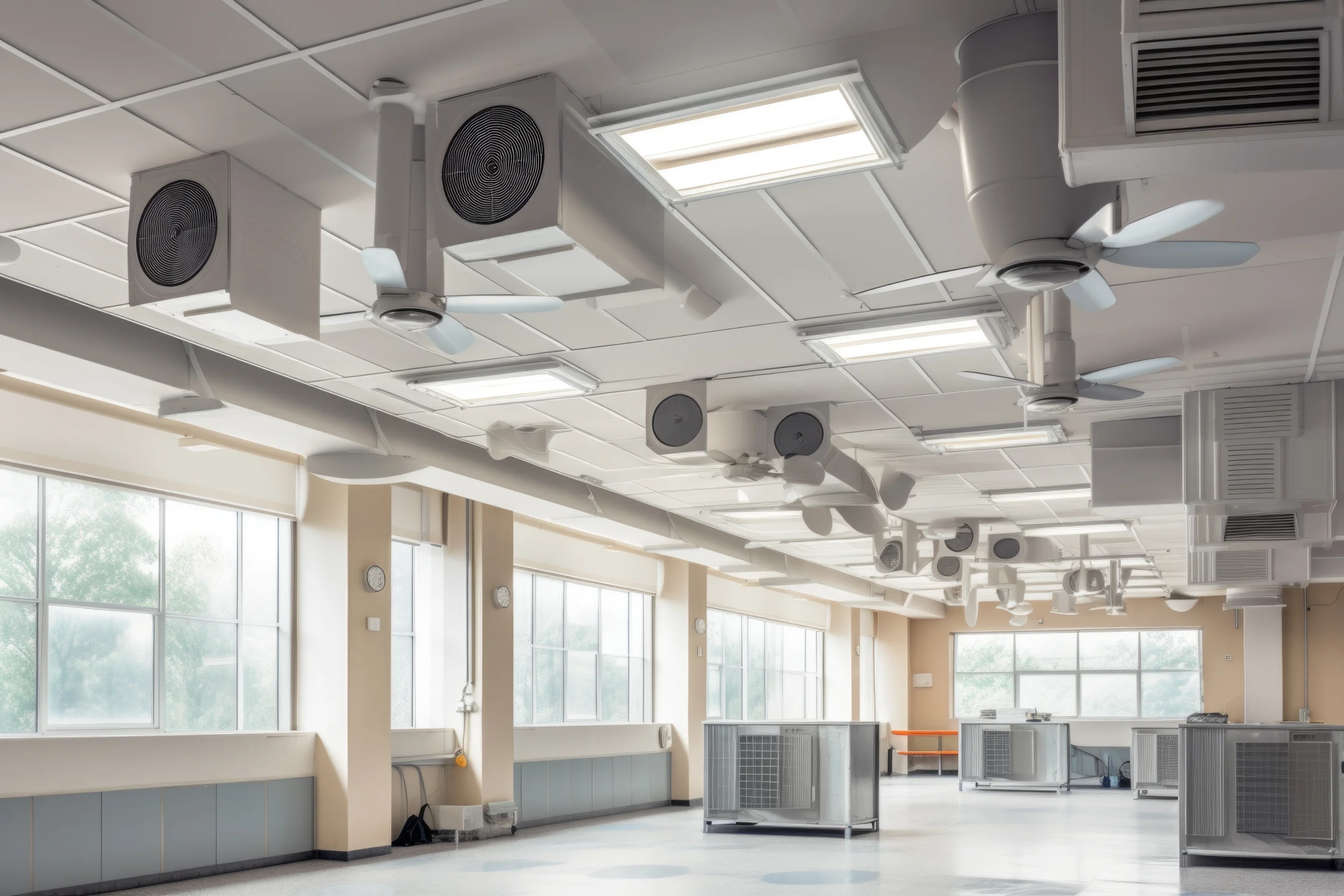ventilation system with multiple fans and filters, providing clean and fresh air in a school